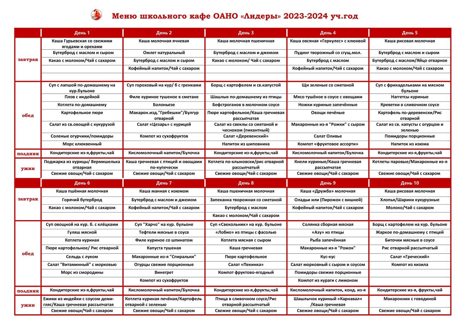 Меню школьной столовой - Leaders